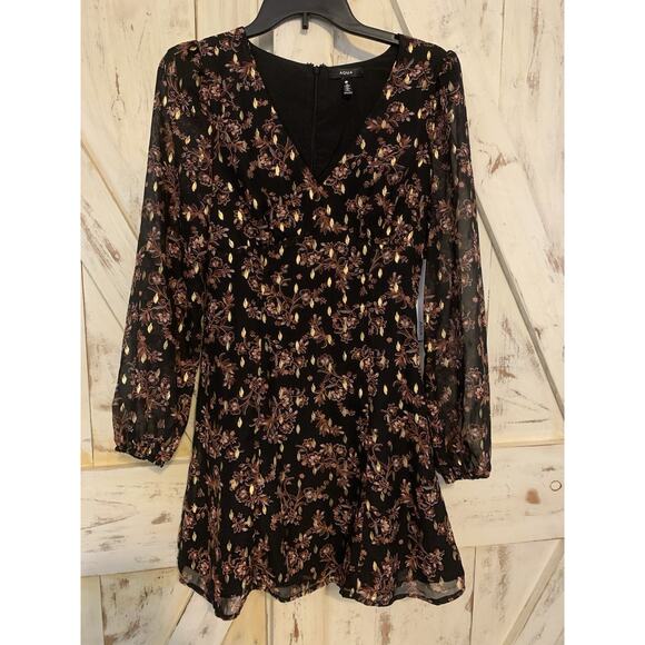 Aqua Floral Metallic Gold Print V-Neck Cocktail Party Mini Dress Long Sleeves XS - Picture 1 of 16